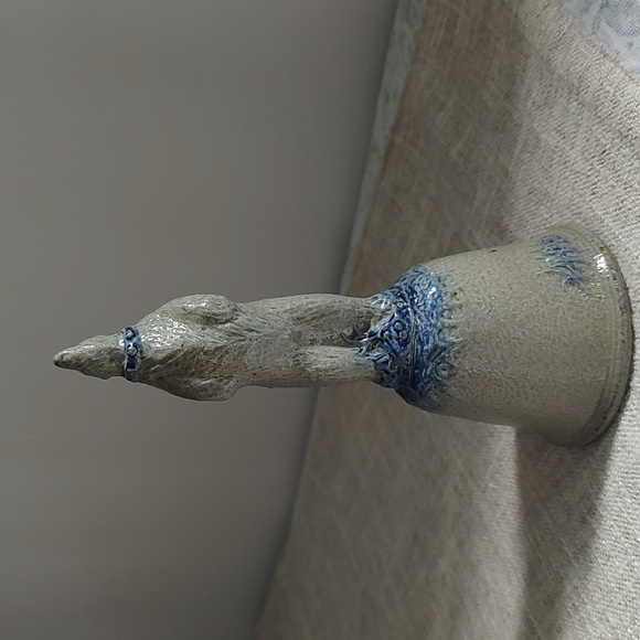 Rowe Pottery Works Blue And Gray Salt Glaze Christmas Bell With Bear 1992 RARE - Picture 2 of 11